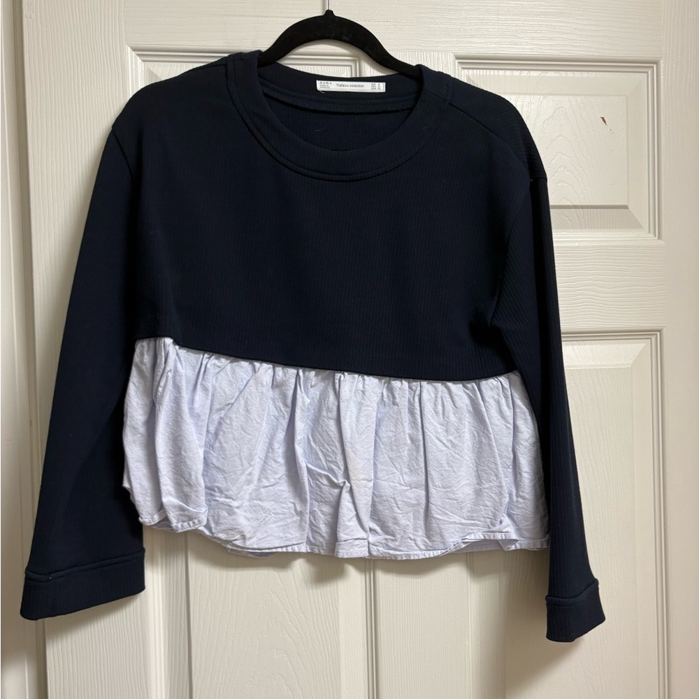 Zara Navy and White Tiered Hem Sweatshirt